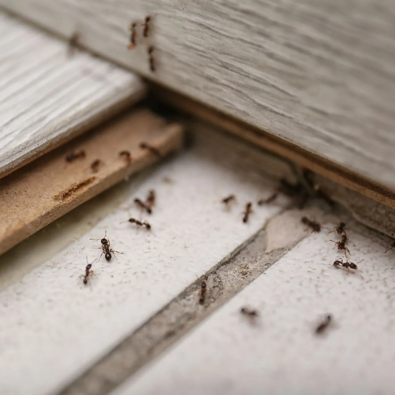 Plusieurs fourmis sous les lattes d'un parquet